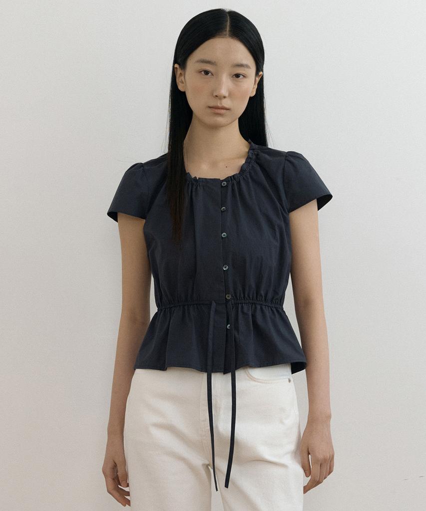 Lingseoul Shirring Peplum Blouse-Navy