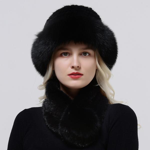 Hot Sale Rex Rabbit Fur Hats Scarf Set Elastic Knitted Winter Hat Women Genuine Warm Fur Caps Luxury Woman Fox Fur Bucket Hat
