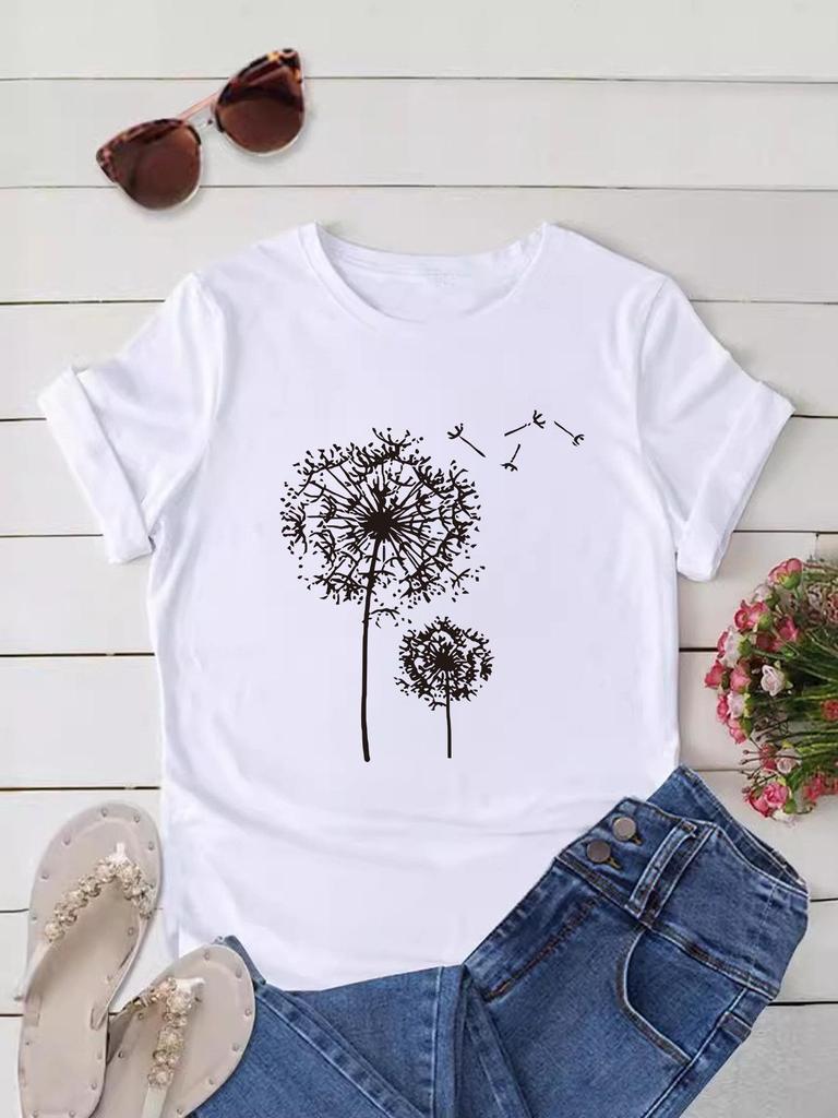 European and American Summer Women's Dandelion Print Round Neck Short-Sleeve Casual T-Shirt