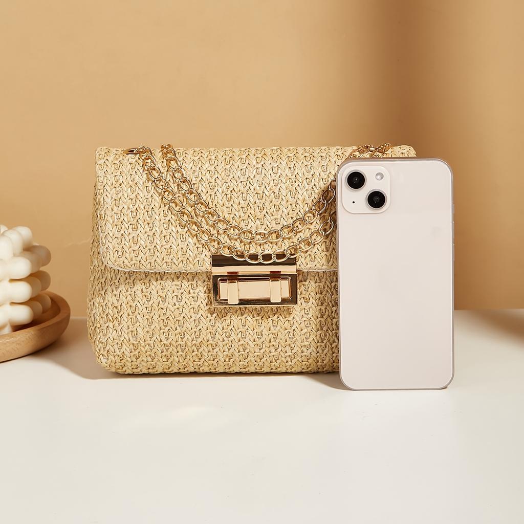 Casual Woven Handbag, Simple Solid Color, High-Quality Daily Fashion, Shoulder & Crossbody Bag with Chain Strap