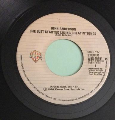 7inch Record JOHN ANDERSON (3) - She Just Started Liking Cheatin' So WBS49191 Warner Bros. Re 1980 Canada Country/Folk Used