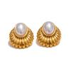 Yhpup Statement Simulated Pearls Striped Oval Stud Earrings for Women Stainless Steel Fashion Vintage Daily Jewelry Waterproof