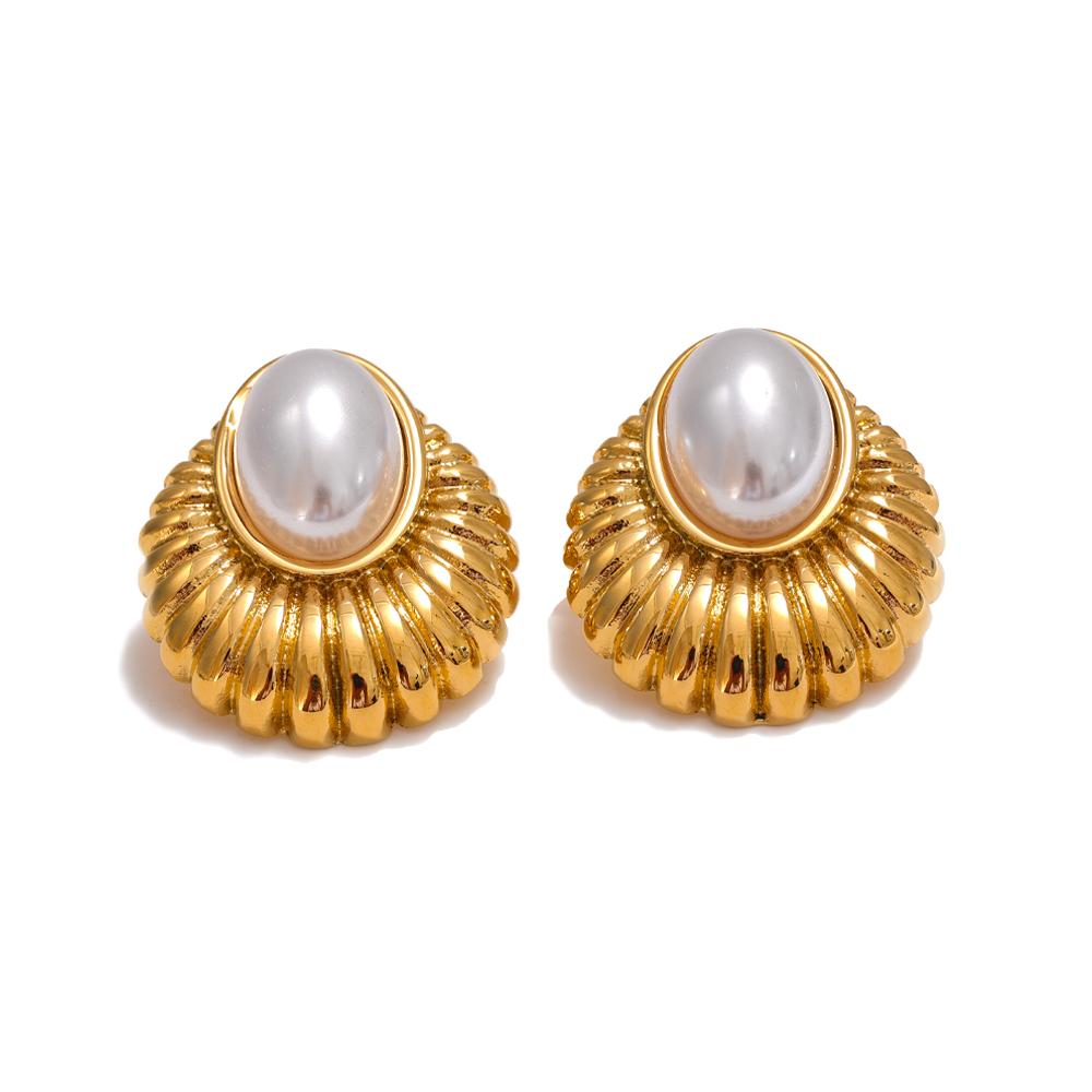 Yhpup Statement Simulated Pearls Striped Oval Stud Earrings for Women Stainless Steel Fashion Vintage Daily Jewelry Waterproof