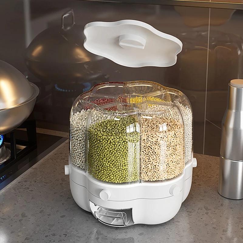 360 Degree Rotating Rice Dispenser Kitchen Storage Box Sealed Dry Cereal Grain Bucket Dispenser Moisture-proof Food Container