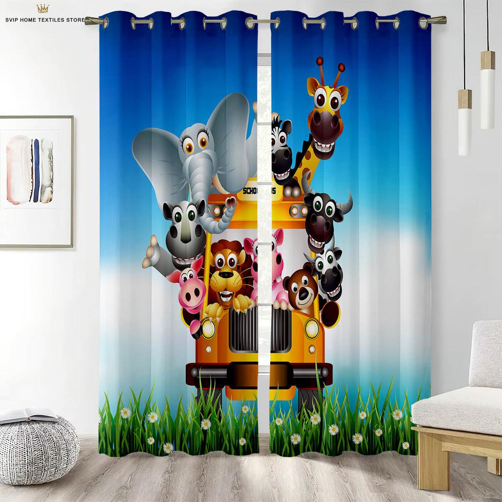 Cartoon Animal Forest Print Curtains For Children's Room Living Room Study Kitchen Decorative Curtains Easy To Wash And Care
