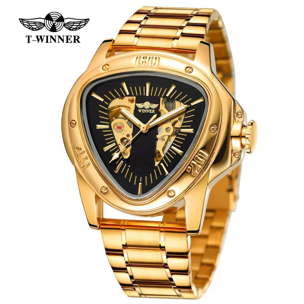 WINNER Herren Automatikuhren für Herren Luxus Hohl Dreieck Herren Mechanische Armbanduhren Skelett Wasserdicht Reloj Hombre