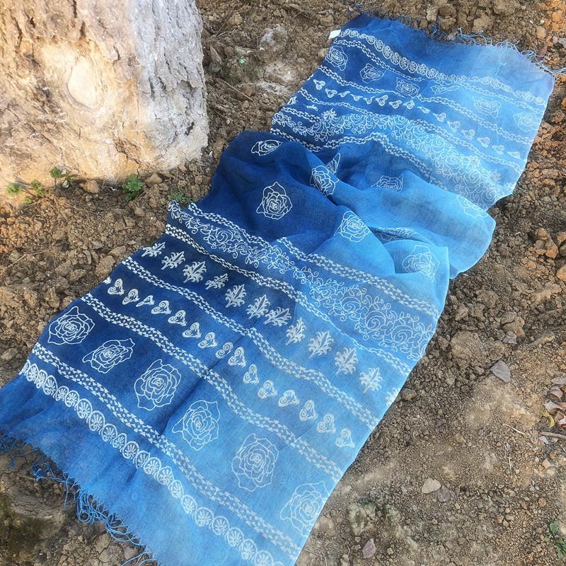 Blue Color Linen Soft Scarves Women Flower Printed Ethnic Design Scarf Summer Travelling Long Scarves