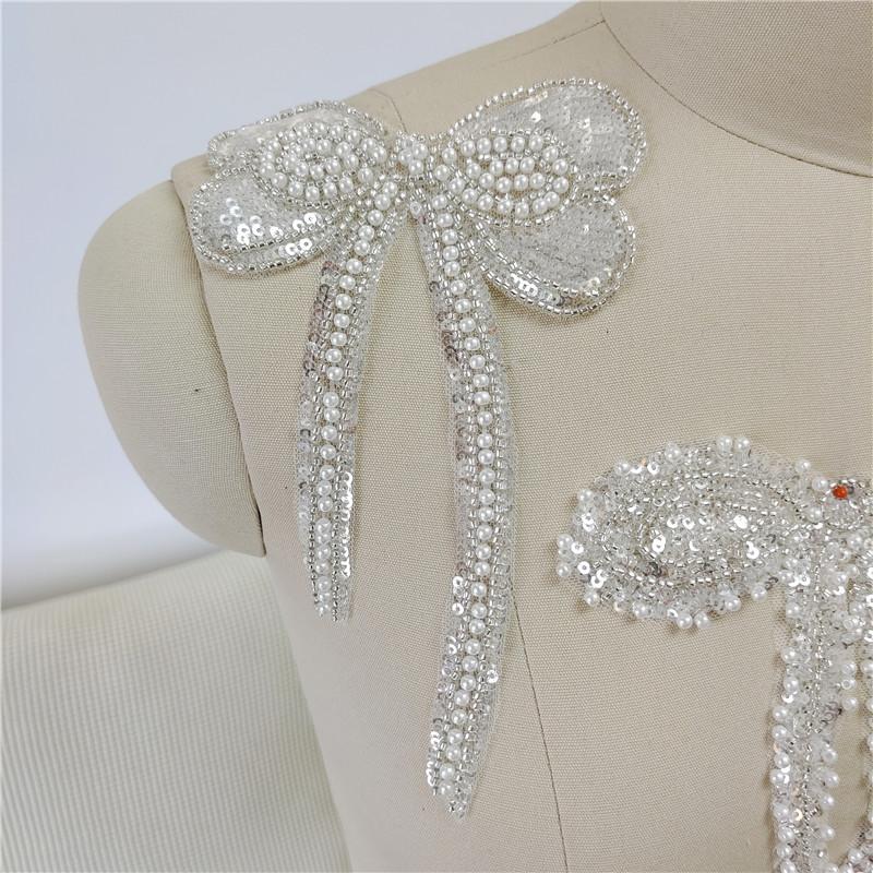 1 buc Aplicații din dantelă plasă cu paiete și mărgele, cu fundă, Patches Accesorii pentru îmbrăcăminte de nuntă