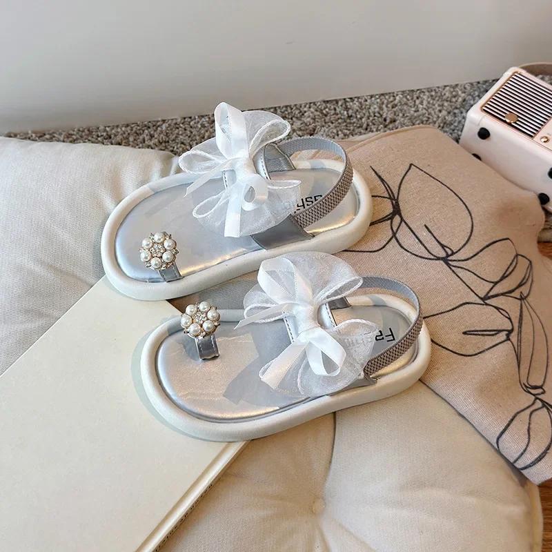 

Girls Slippers Soft Sole Non-slip Kids Beach Shoes with Big Mesh Bow 2025 Summer New Children Princess Shoes Ins Trendy Sweet 26 серебряный