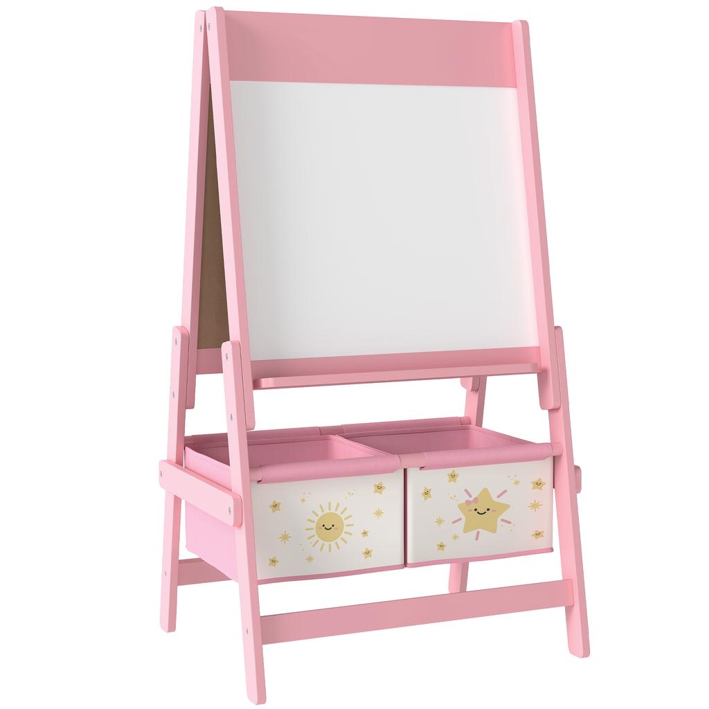 Dětský malířský stojan, oboustranná bílá/černá tabule s rolí papíru, dvě úložné boxy, pro děti od 3 do 8 let, růžový