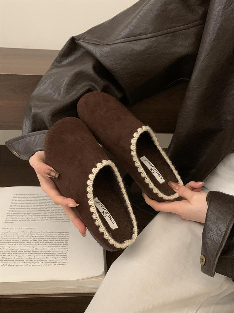 Velvet Lace Edge Birkenstocks, Bag Head, Half-drag Women's Outer Wear 2025 Autumn New Lazy Drag Flat Cotton Shoes, Slippers