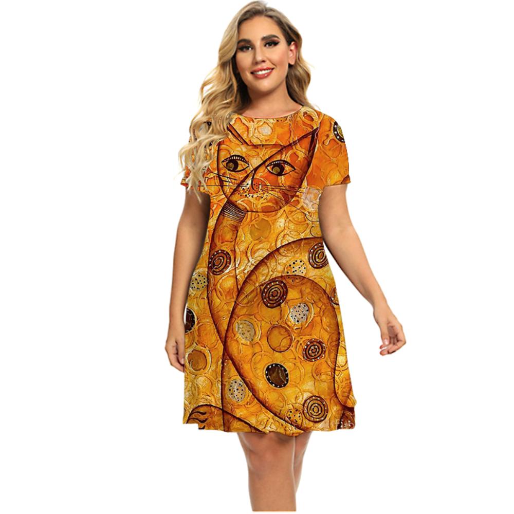 3d Deep Forest Animal Cat Pattern Women's Dress 2026 Summer Fashion Kawaii A-line Casual Round Neck Short-sleeved Dress