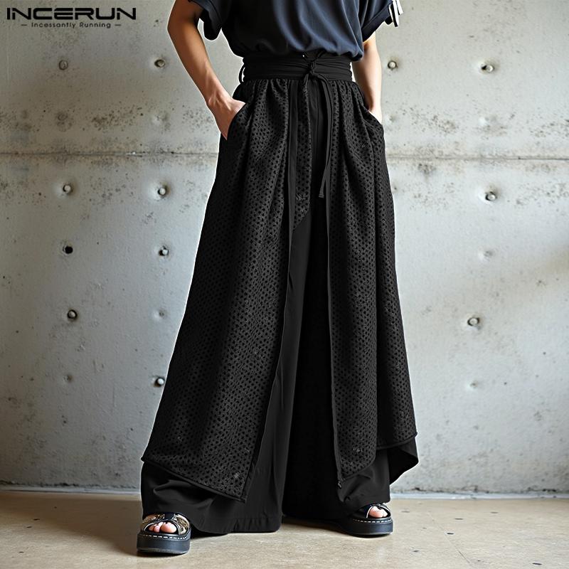 INCERUN Men's High Elastic Waist Layers Patchwork Casual Wide Legs Pants Trousers