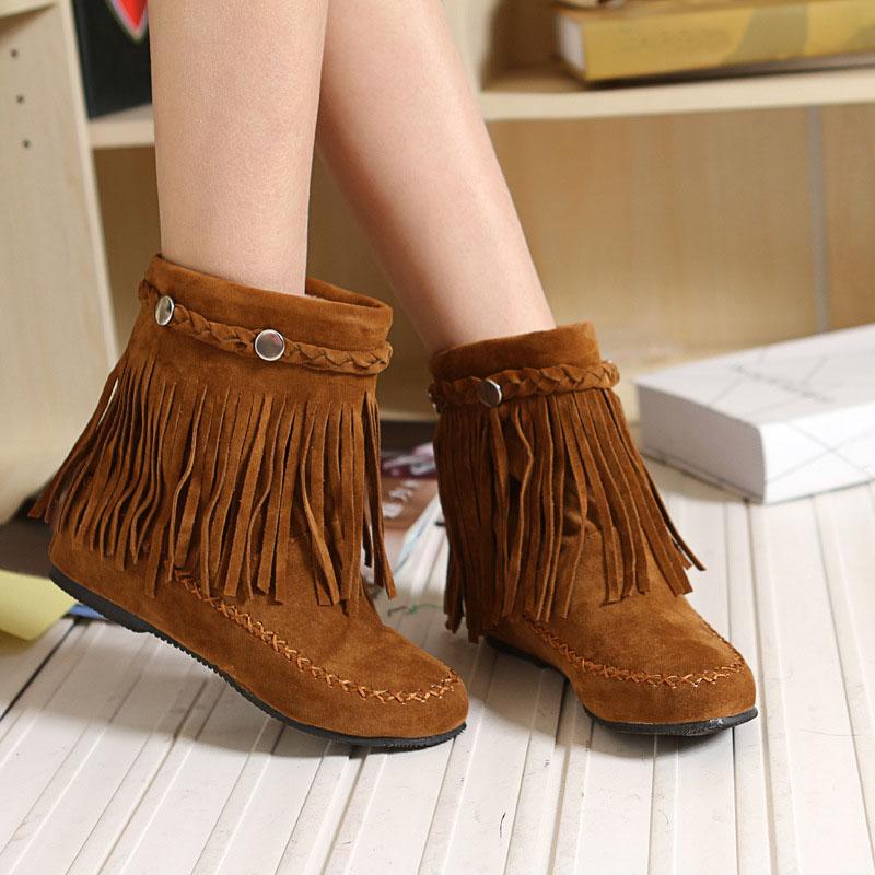 Bohemian Ankle Boots for Women Tassel Fringe Faux Suede Custom Short Boots Inside Height-increasing Shoes Flat Booties WSH5018