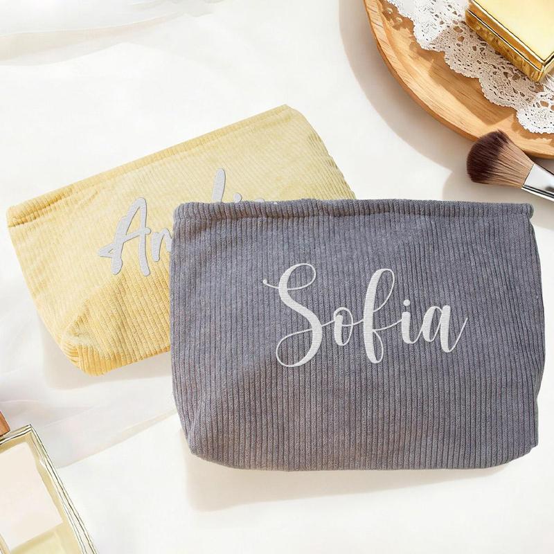 Customized Text Embroidered Corduroy Makeup Bag with Zipper Functional Flat Tool Pouch Custom Washroom Bags Birthday Gift