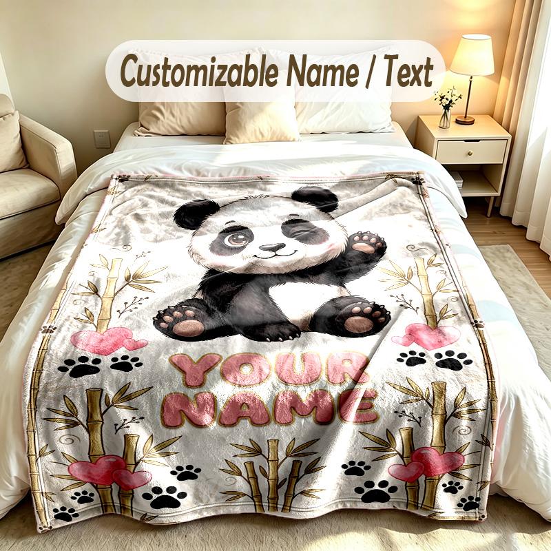 Bear Panda Theme Soft Blanket Personalized Custom Name Text Print Warm Blanket Home Sofa Bedroom Decor