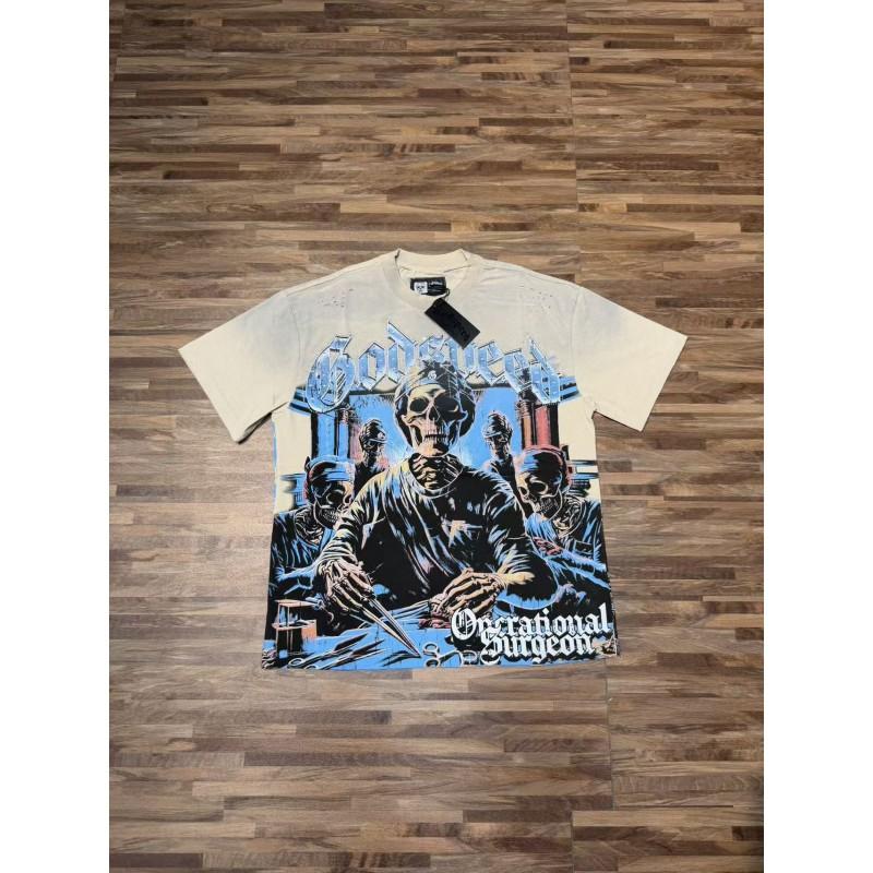 Mens Oversized Graphic Tee With Skull Print Washed Vintage Cotton T-Shirt Loose Fit Short Sleeve Crew Neck