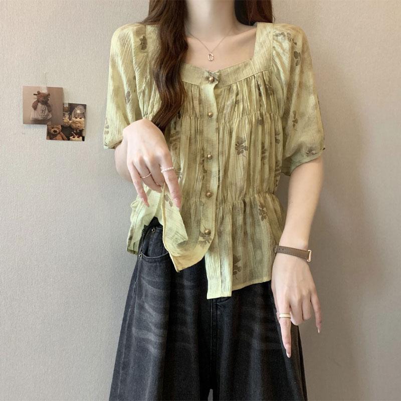 Süße Bluse mit Blumendruck Sommer Neu Elegant Eckiger Kragen Schickes Raffdetail Vintage Kurzarmhemden