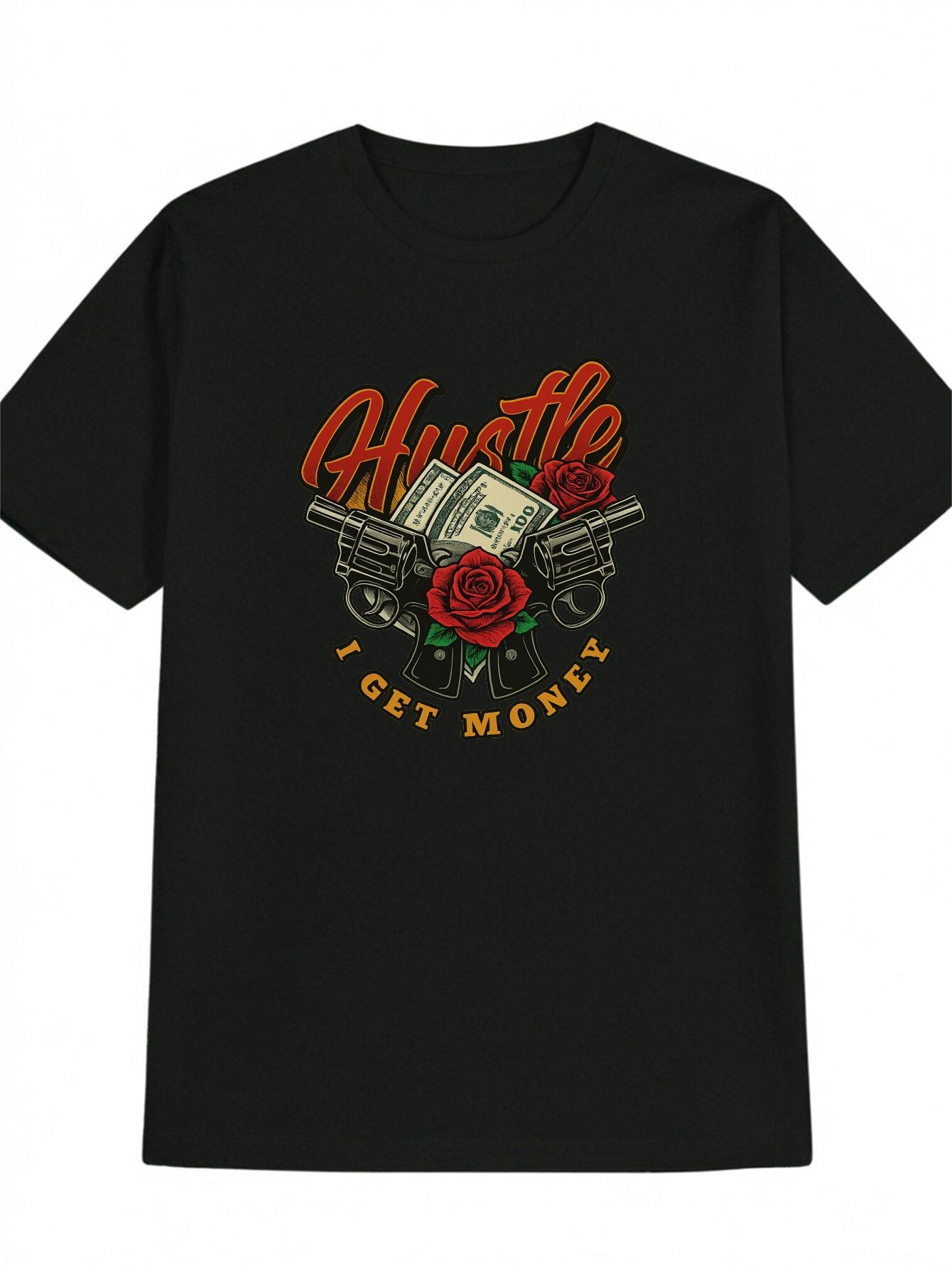 Hustle Graphic T-shirt - Black Casual Summer Tee with Red & Orange Bold Lettering M