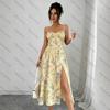Vestido Midi Feminino Elegante com Estampa Floral Alças Finas Sexy Decote V Cintura Franzida Caimento Fluido Linha A Longo Verão Casual Férias Festa na Praia Vestido de Sol