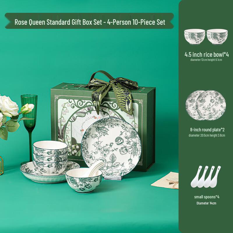 Underglaze Green Rose Queen Ceramic Dinnerware Set 4 Bowls, 4 Spoons, 2 Plates