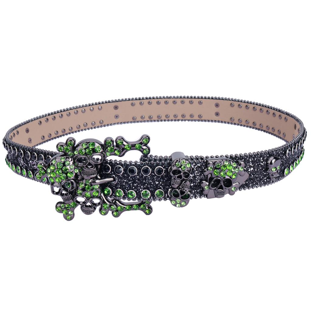 Green Rhinestone Skull Studded Western Belt Crystal Bling PU Leather Belt Y2K Gothic Designer Style Belt for Men Women Cowboy