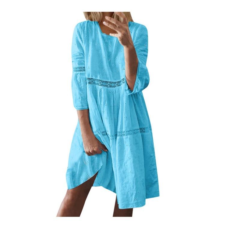 Boho Women Solid Color Hollow Out Sleeve Splice Mid Long Dresses