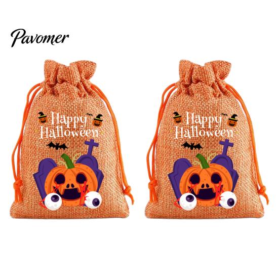 Trick or Treat Party Souvenirs 2Pcs Halloween Pumpkin Drawstring Bags for Candy Treats, Retro Burlap Rustic Linen Goodie Bags, Portable Kids