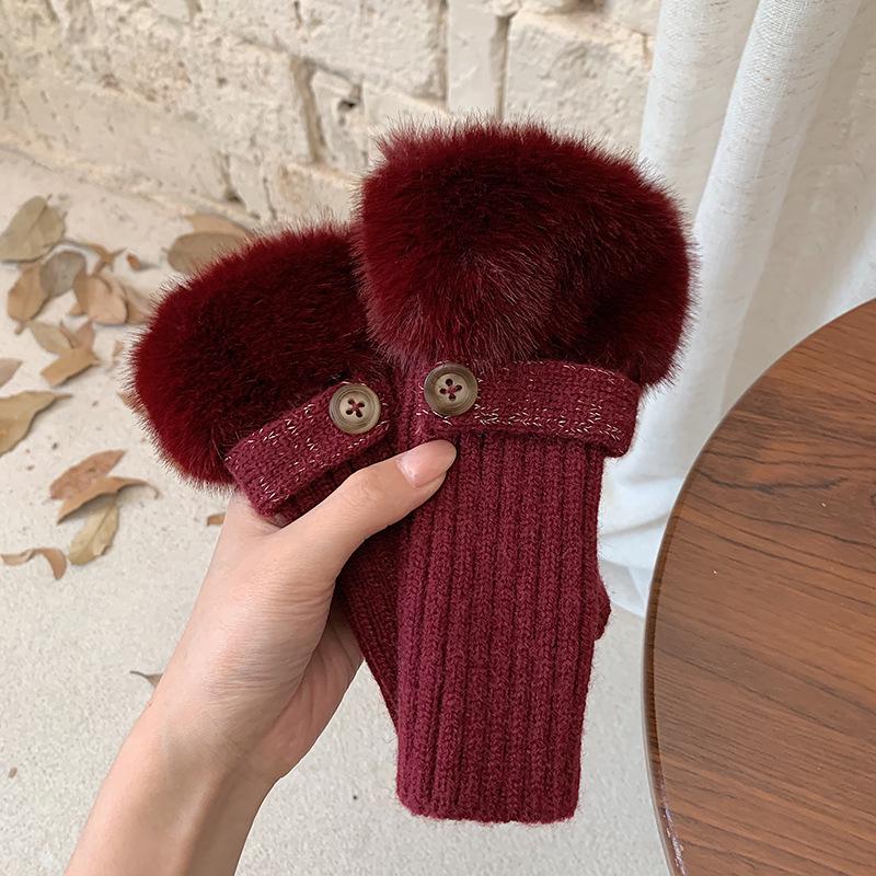 Women's Fluffy Winter Knit Gloves – Touchscreen, Half-Finger, Warm for Cycling