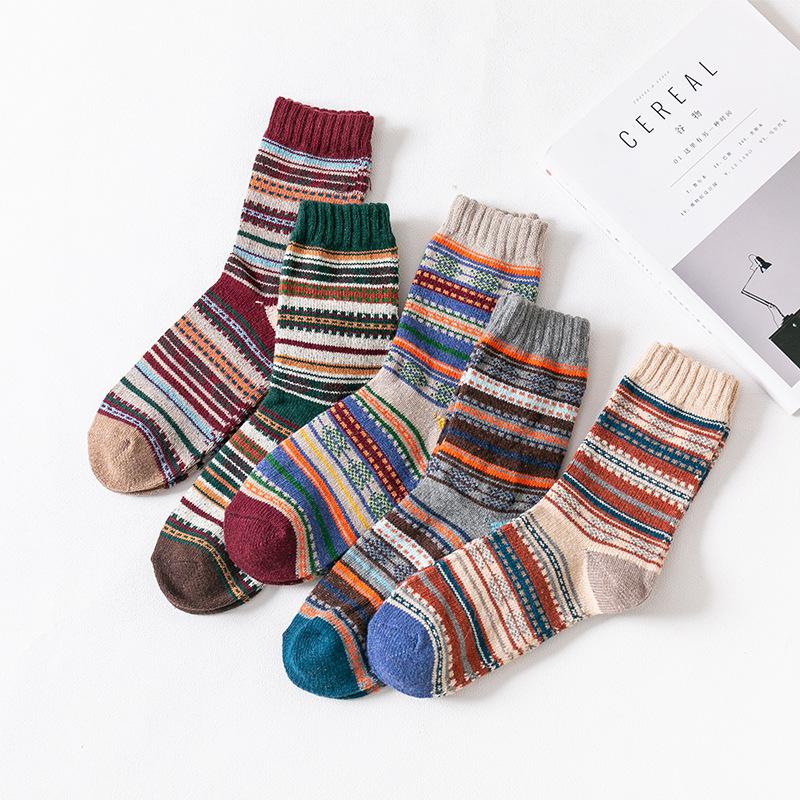 5 Pairs of Thickened Men's Woolen Socks with Horizontal Thick Lines for Winter Mid-calf