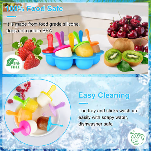 2-Pack Popsicle Molds, Silicone Mini Ice Pop Molds with Colorful Popsicle Sticks, BPA-Free Food Storage Containers, and 7 Round Ice Cube Trays