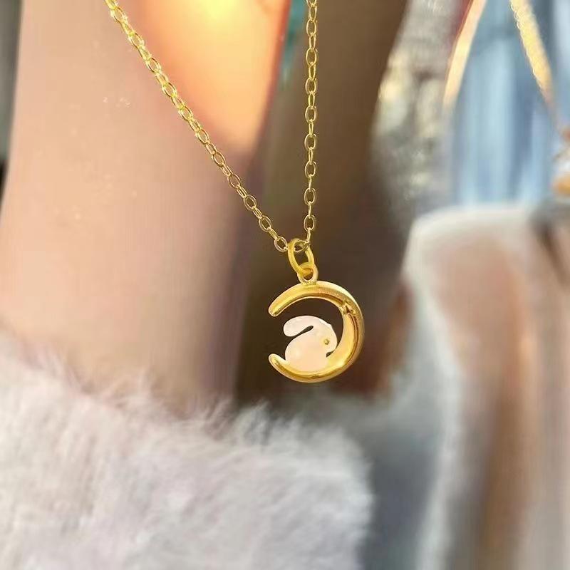 Elegant Rabbit Chain Necklace - Chinese Style Moon & Star Design