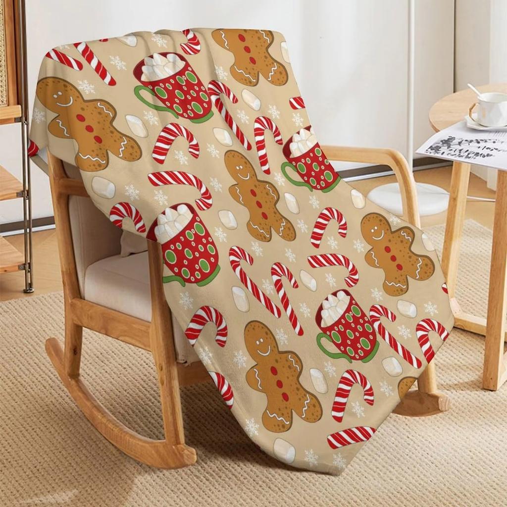 Winter Gingerbread Flat Printed Throw Blanket - Lightweight Flannel Plush, Gift for Couch, Bed, Living Room, Travel, Office