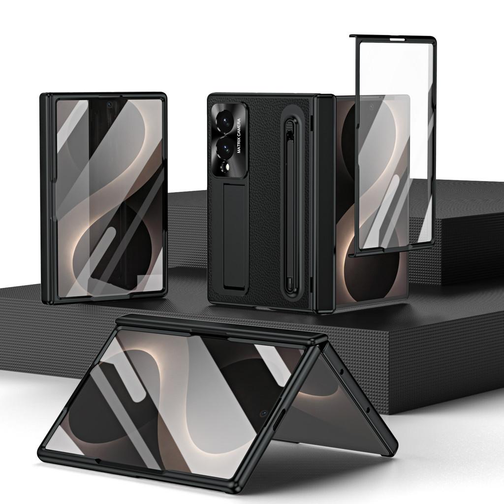 Luxury Plating Leather Kickstand Stylus Slot Case For Samsung Galaxy Z Fold 8 Wide 7 6 5 Hinge Tempered Glass Screen Film Cover