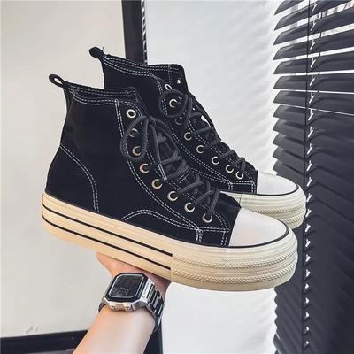 Modische Koreanische High-Top-Sneaker für Herren Klassische Schwarz-Weiß-Version Knöchelhohe Stiefel für Damen Dicker Sohlen Trend Samt Canvas Schuhe