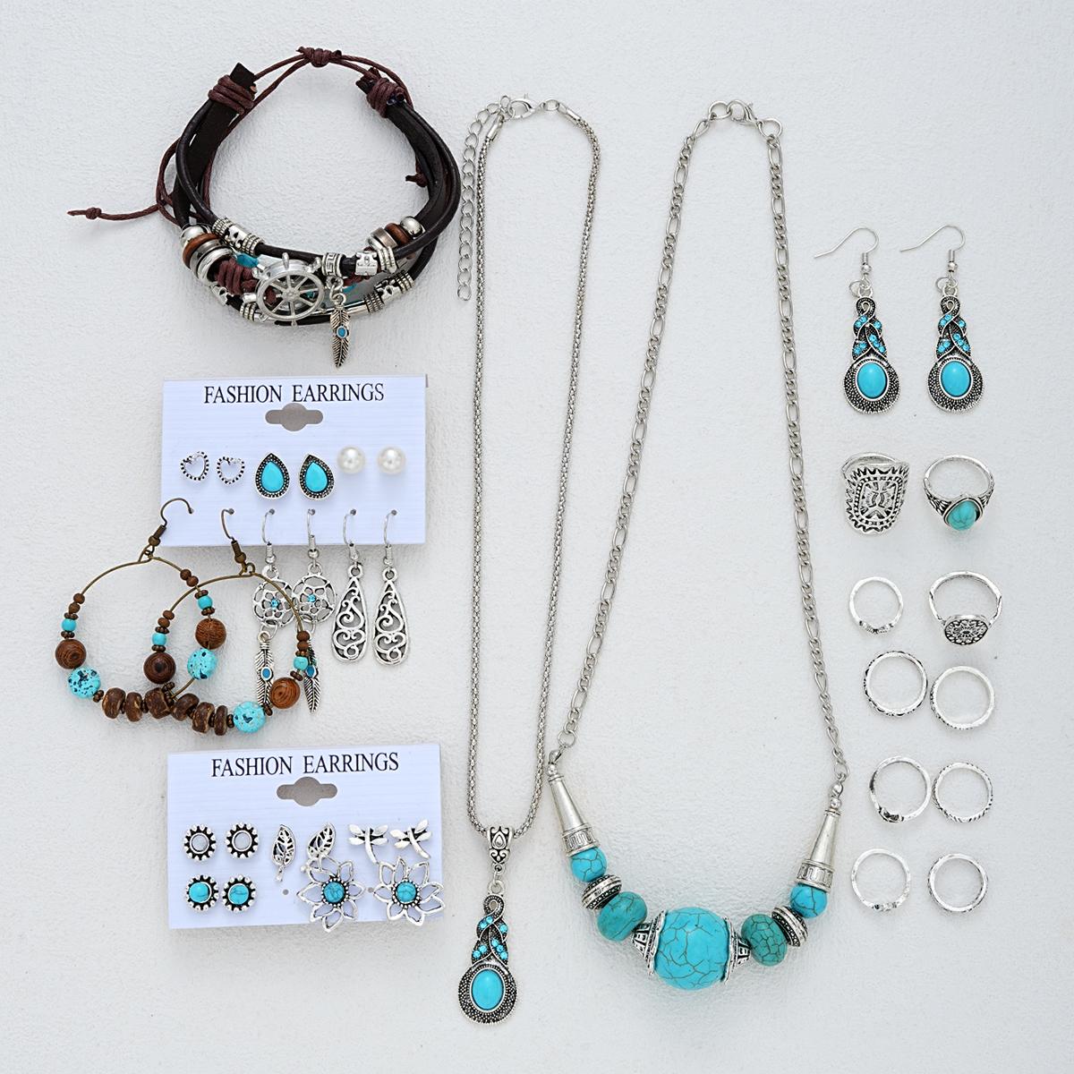 

37pcs Simple Heart Turquoise Bohemia Necklace, Earrings, Ring Bracelet Jewelry Set For Women Gift For Daily Wear, Christmas