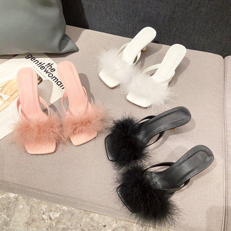 High Heels Women's Summer Hairy High-heeled Sandals Slippers Wear Stiletto High Heels Card Finger Foreign Sandals Versatile Pure Desire