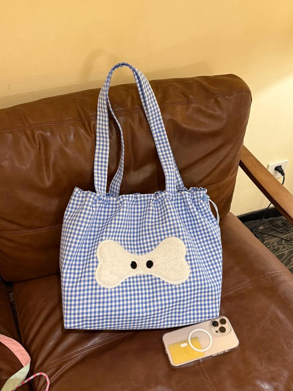 

Корейская розовая клетчатая холщовая сумка с щенком женская 2025 новая большая вместительная наплечная сумка-тоут для поездок на работу