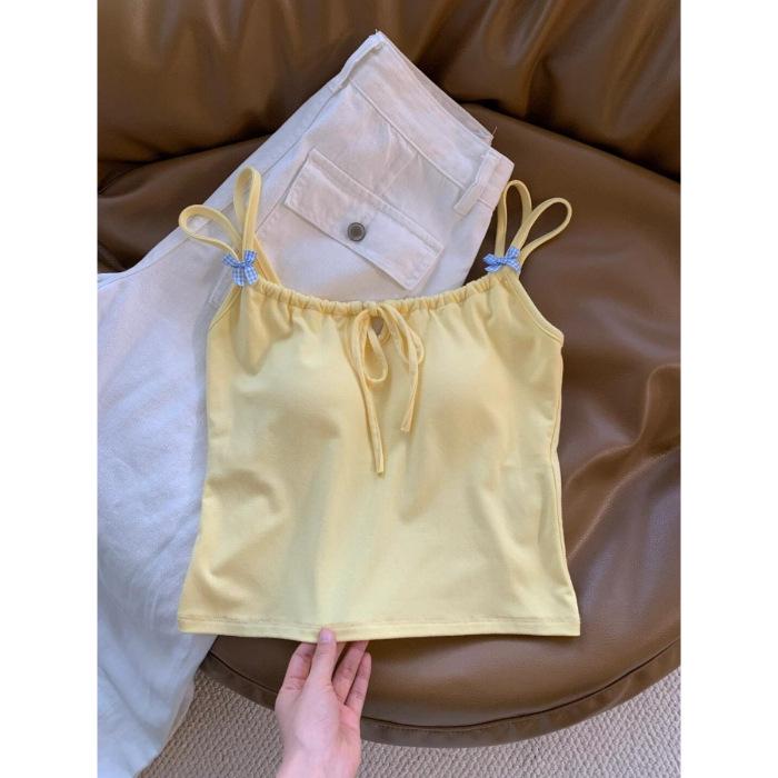 

Женская майка-камезоль с бантиком облегающего кроя и нагрудными вкладышами - Летний топ чистой страсти Small жёлтый