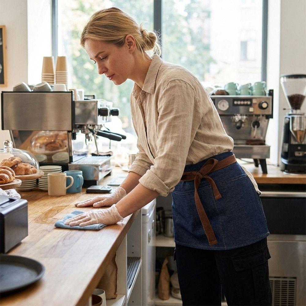 Arbeitskleidung Baumwolle Denim Denim Schürze Mehrere Taschen Unisex Denim Halb-Schürze Kurze Schürze Restaurantpersonal