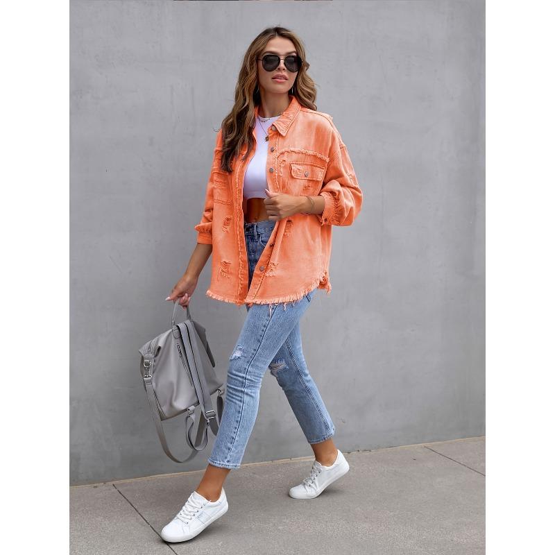 Nueva chaqueta vaquera de color liso de manga larga con rotos, estilo chaqueta, para mujer