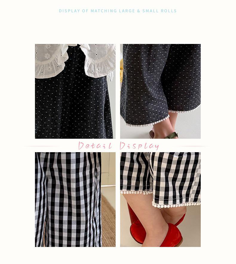 New Girls' Plaid & Polka Dot Three-Quarter Wide-Leg Pants (S/M/L) - Black