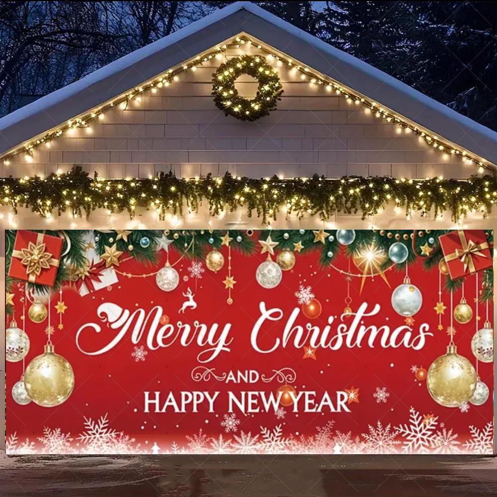 Merry Christmas Garage Door Background Banner Xmas Tree Gift Santa Claus Backdrop Winter Christmas Party Outdoor Wall Decoration