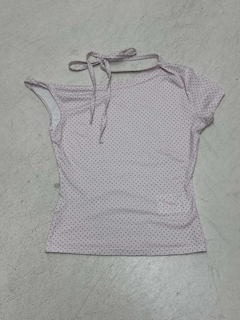 2025 Summer Off-Shoulder Polka Dot Lace-Up T-Shirt - Trendy Girly Style