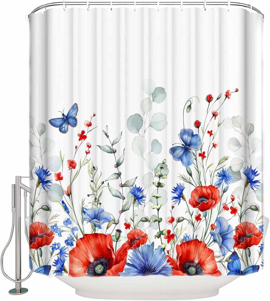 Green Shower Curtain for Bathroom, Eucalyptus Leaf Greenery Leaves Floral Watercolor Shower Curtain Set, Waterproof Polyester