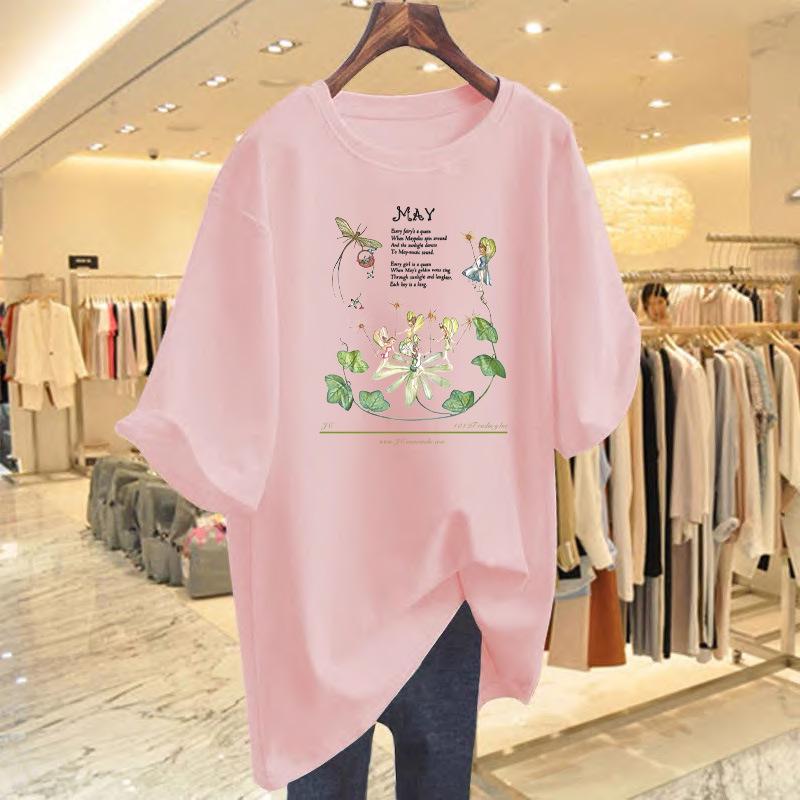 Women's White Summer Casual Loose Fit Pure Cotton Printed Short-Sleeve T-Shirt Undershirt