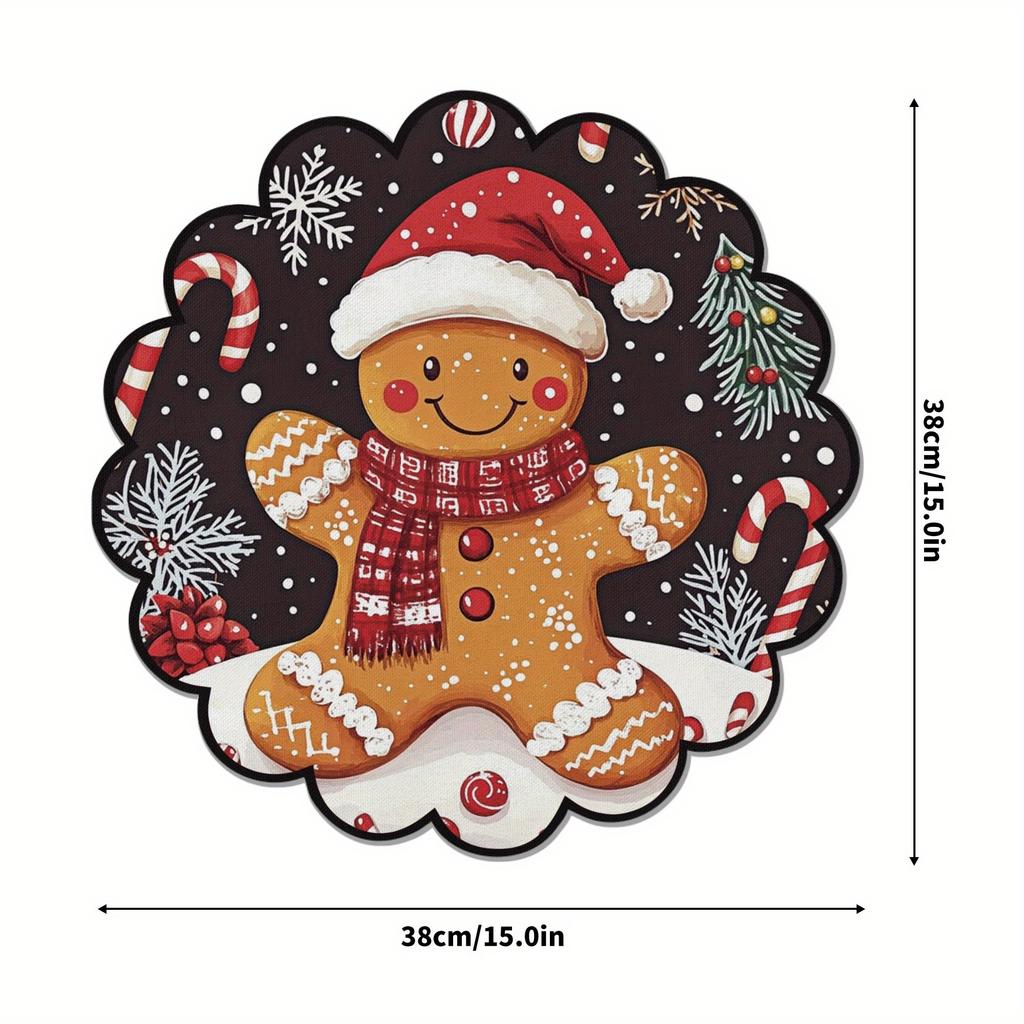 4pcs Winter Gingerbread Pattern Man Placemats Round Non-Slip Table Mats Heat-Resistant Winter Dining Christmas Party Decoration
