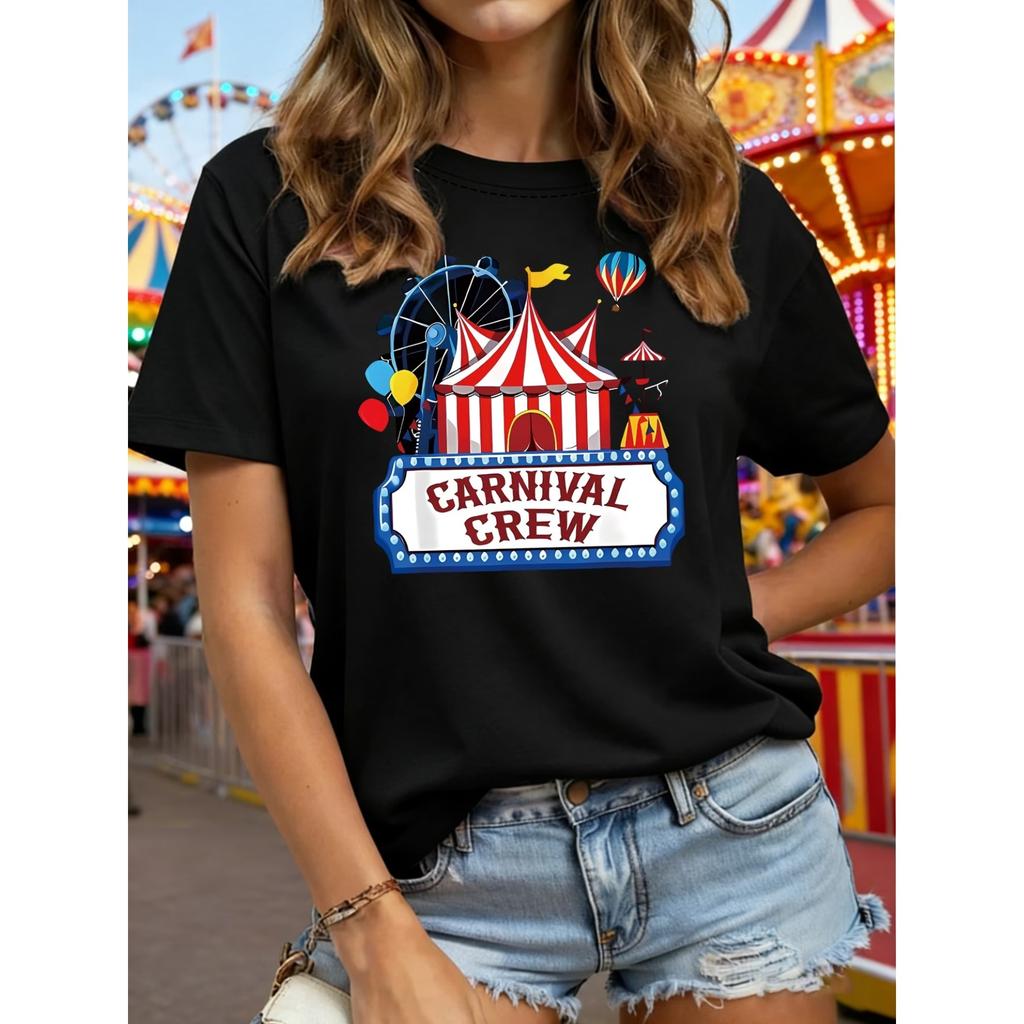 Women's Carnival Crew Amusement Park Print T-Shirt - Short Sleeve Crew Neck Summer Top with Carnival Boat & Roller Coaster Design