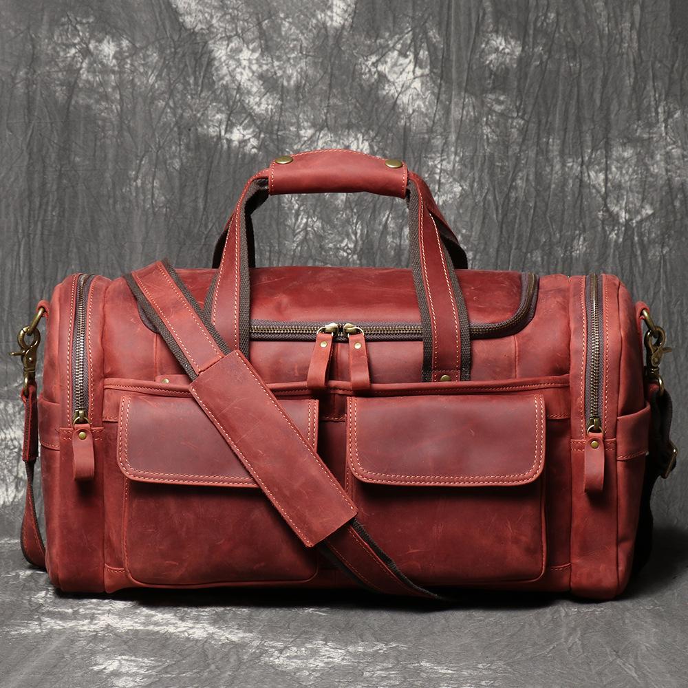 Retro Men S Genuine Leather Hand-Held Travel Bag, Crazy Horse Leather Business Trip Duffel Bag, Shoulder Crossbody Cowhide Bag розы красного