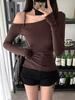 Cross Irregular One-Shoulder Long Sleeve Women's Autumn Top - Off-the-Shoulder Slim Fit with Pleated Base Layer.